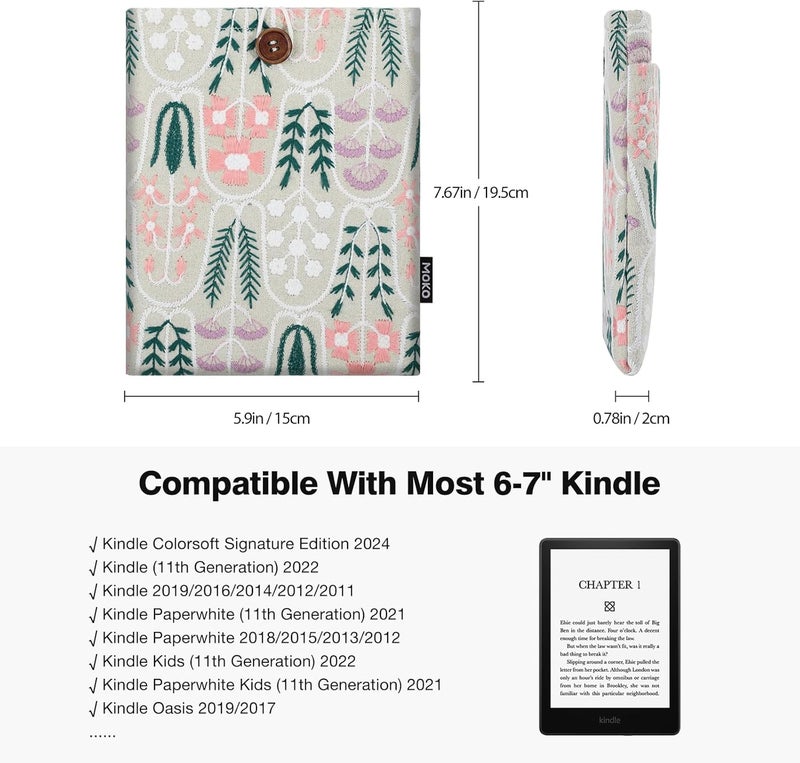 MoKo 6-7" Embroidered Daisy Padded Sleeve Pouch for Fire 7 2022, 7" Kindle Colorsoft Signature Edition 2024, Kindle 11/10/8 Gen, Paperwhite 11th/10th Gen, Pouch for Voyage/Kobo eReader, Beige Plants - Image 2